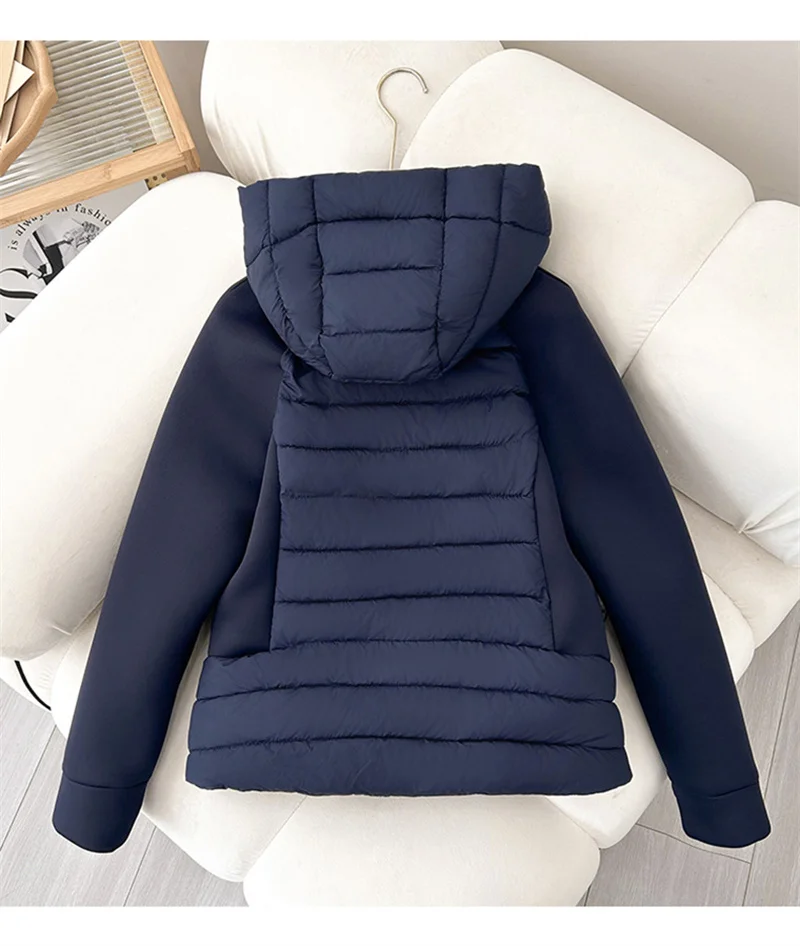 2026 Fashion Patchwork Cotton-padded Coat Women's Short Parka Autumn Winter Hooded Light-thin Spliced Jacket Lady Slim Outerwear