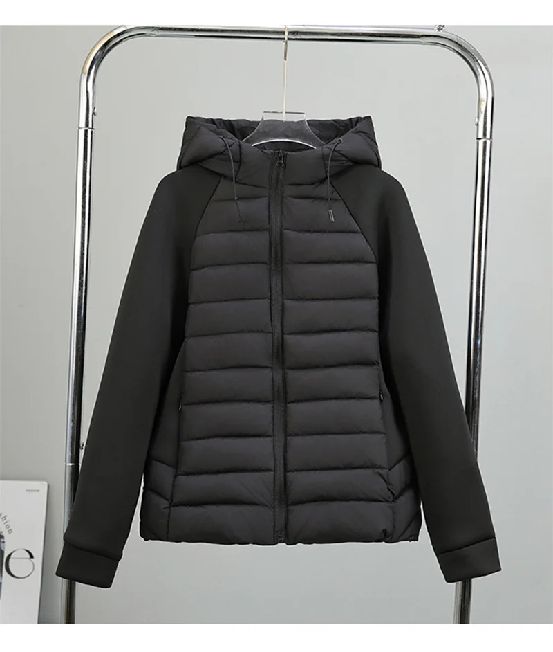 2026 Fashion Patchwork Cotton-padded Coat Women's Short Parka Autumn Winter Hooded Light-thin Spliced Jacket Lady Slim Outerwear