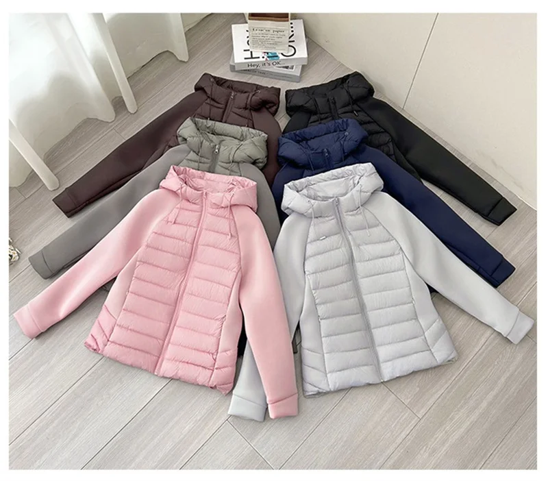 2026 Fashion Patchwork Cotton-padded Coat Women's Short Parka Autumn Winter Hooded Light-thin Spliced Jacket Lady Slim Outerwear