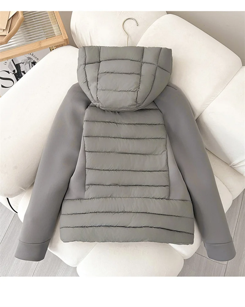 2026 Fashion Patchwork Cotton-padded Coat Women's Short Parka Autumn Winter Hooded Light-thin Spliced Jacket Lady Slim Outerwear