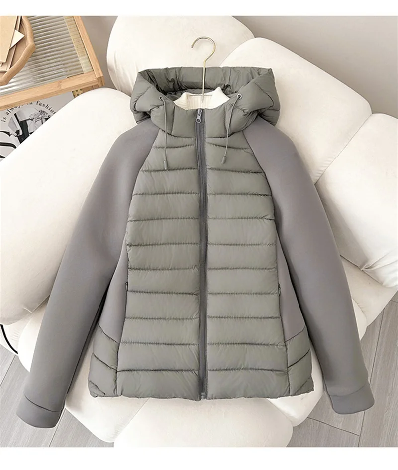 2026 Fashion Patchwork Cotton-padded Coat Women's Short Parka Autumn Winter Hooded Light-thin Spliced Jacket Lady Slim Outerwear