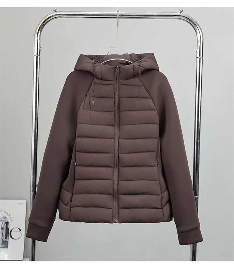 2026 Fashion Patchwork Cotton-padded Coat Women's Short Parka Autumn Winter Hooded Light-thin Spliced Jacket Lady Slim Outerwear
