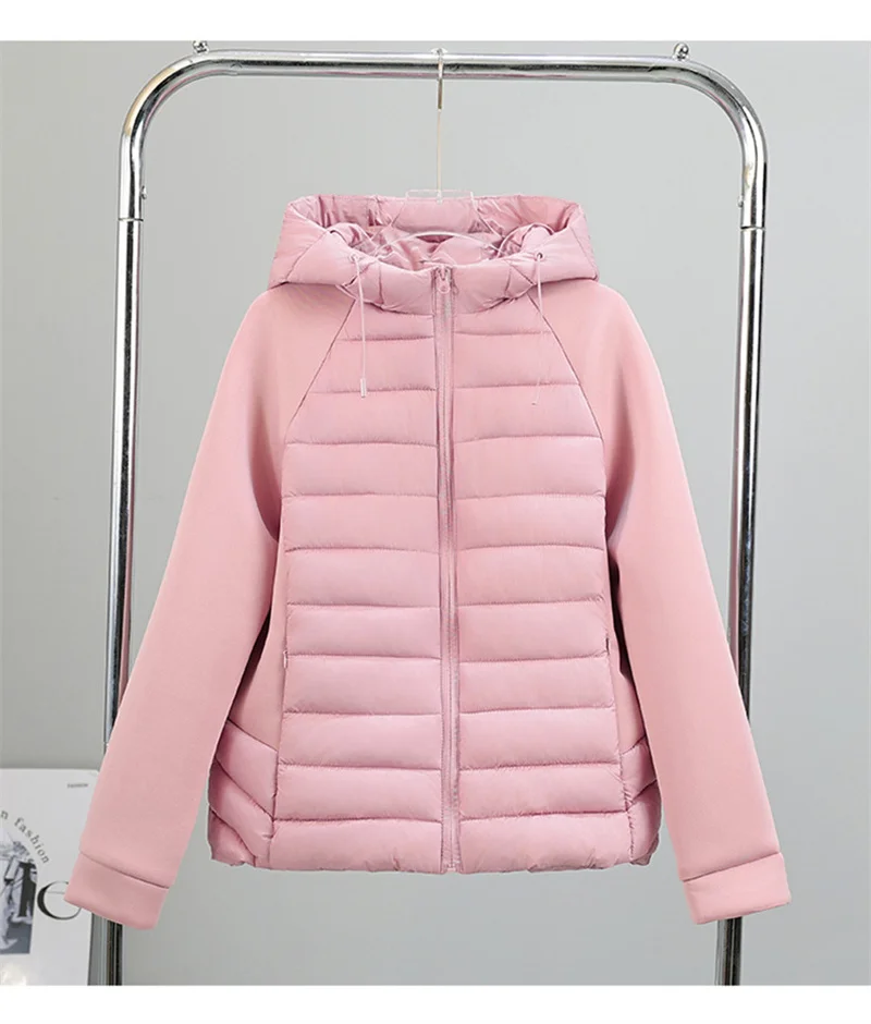 2026 Fashion Patchwork Cotton-padded Coat Women's Short Parka Autumn Winter Hooded Light-thin Spliced Jacket Lady Slim Outerwear