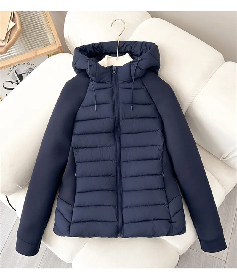 2026 Fashion Patchwork Cotton-padded Coat Women's Short Parka Autumn Winter Hooded Light-thin Spliced Jacket Lady Slim Outerwear