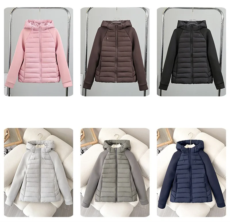 2026 Fashion Patchwork Cotton-padded Coat Women's Short Parka Autumn Winter Hooded Light-thin Spliced Jacket Lady Slim Outerwear