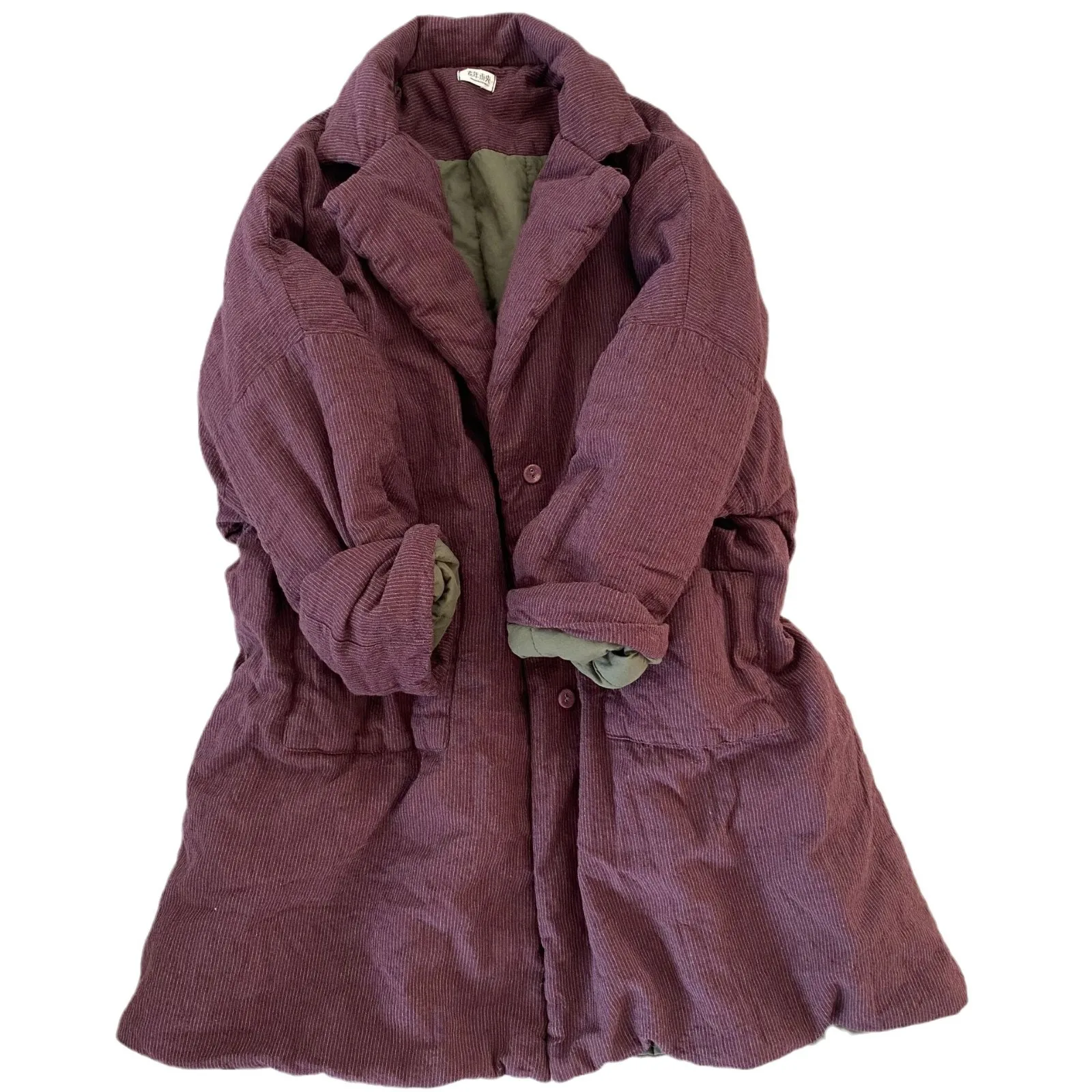 Johnature Women Chinese Style Linen Parkas Turn-down Collar Long Sleeve Winter Coats 2025 Button Vintage Women Striped Parkas