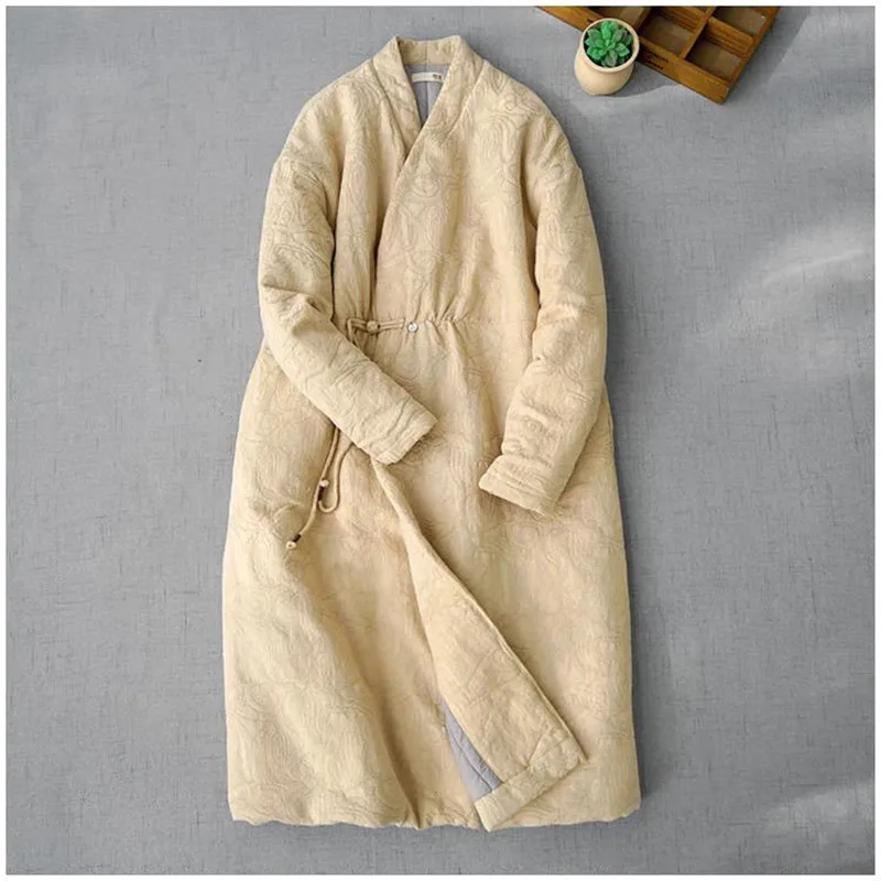 Limiguyue Chinese Style Vintage Jacquard Cotton Jacket Elegant Long Cotton Coat Women V-neck Loose Outerwear Autumn Winter 831P