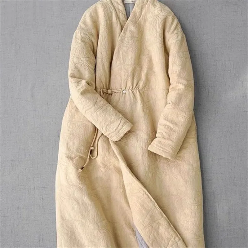 Limiguyue Chinese Style Vintage Jacquard Cotton Jacket Elegant Long Cotton Coat Women V-neck Loose Outerwear Autumn Winter 831P