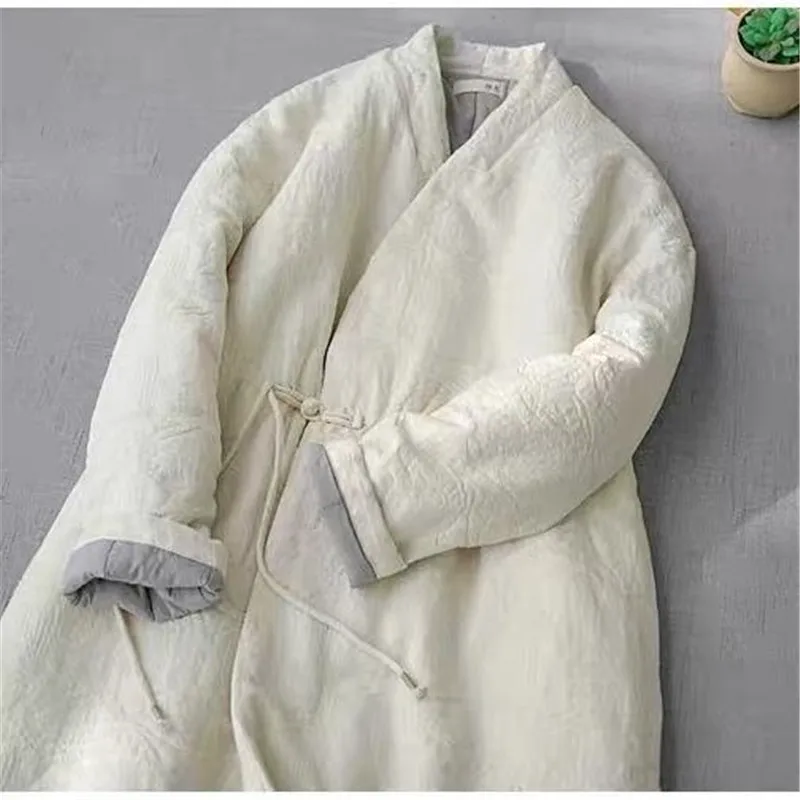 Limiguyue Chinese Style Vintage Jacquard Cotton Jacket Elegant Long Cotton Coat Women V-neck Loose Outerwear Autumn Winter 831P