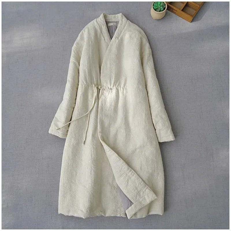 Limiguyue Chinese Style Vintage Jacquard Cotton Jacket Elegant Long Cotton Coat Women V-neck Loose Outerwear Autumn Winter 831P