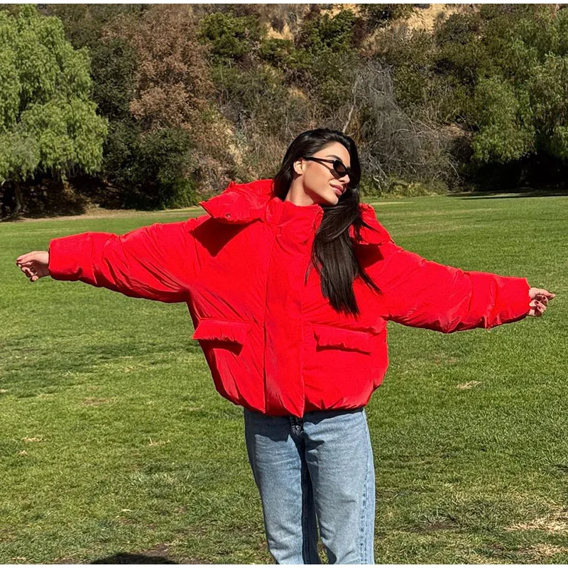 Warm Women's Hooded Cotton Padded Coats Loose Solid Stand Collar Full Sleeve Zipper Pockets Coat 2026 Autumn Winter Lady Outwear
