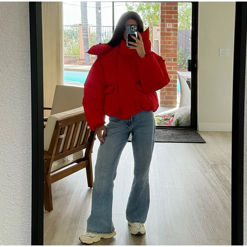 Warm Women's Hooded Cotton Padded Coats Loose Solid Stand Collar Full Sleeve Zipper Pockets Coat 2026 Autumn Winter Lady Outwear