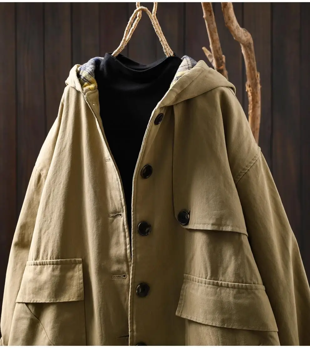 Johnature Women Vintage Hooded Button Parkas Plus Cotton Winter Coats Solid Color Patchwork Pockets 2025 New Warm Long Parkas