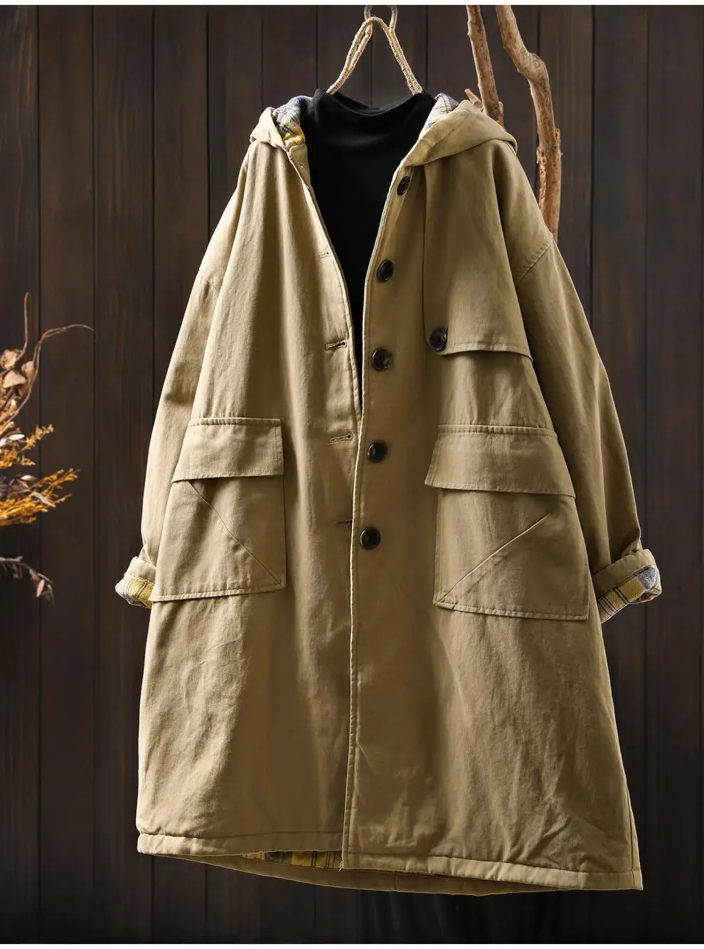 Johnature Women Vintage Hooded Button Parkas Plus Cotton Winter Coats Solid Color Patchwork Pockets 2025 New Warm Long Parkas