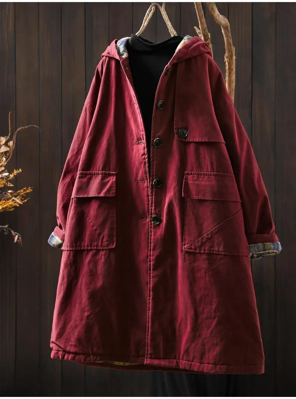 Johnature Women Vintage Hooded Button Parkas Plus Cotton Winter Coats Solid Color Patchwork Pockets 2025 New Warm Long Parkas