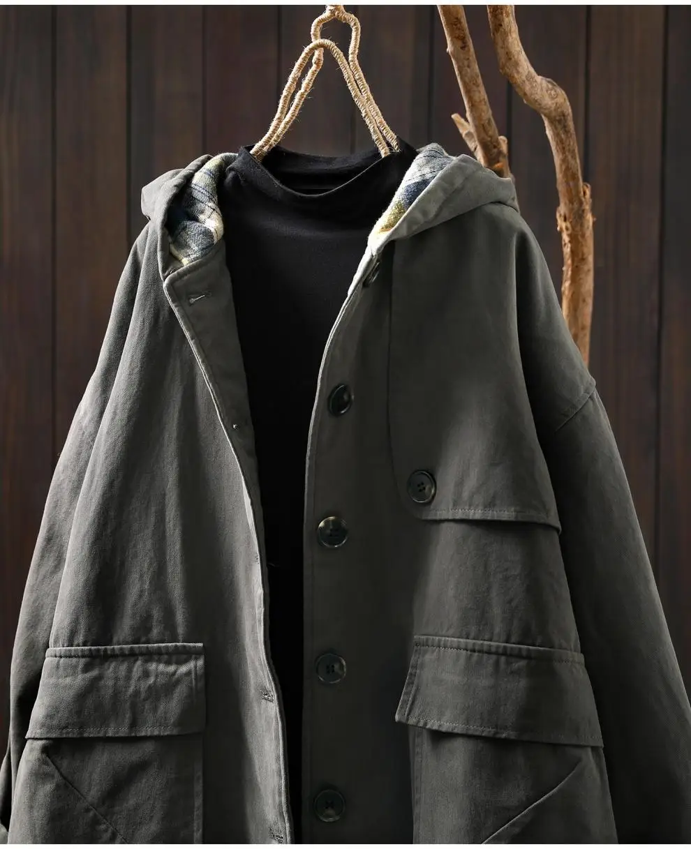 Johnature Women Vintage Hooded Button Parkas Plus Cotton Winter Coats Solid Color Patchwork Pockets 2025 New Warm Long Parkas
