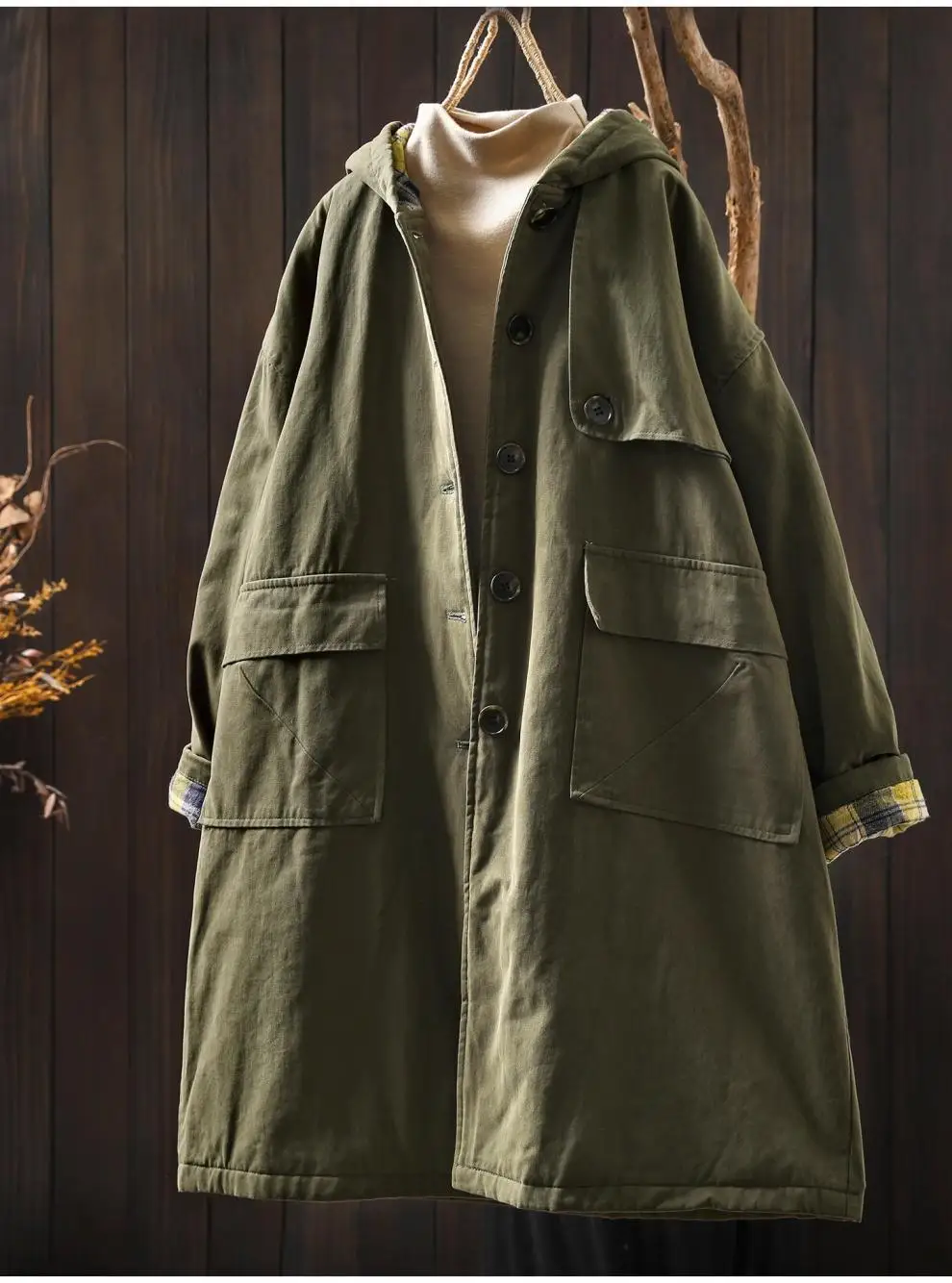 Johnature Women Vintage Hooded Button Parkas Plus Cotton Winter Coats Solid Color Patchwork Pockets 2025 New Warm Long Parkas