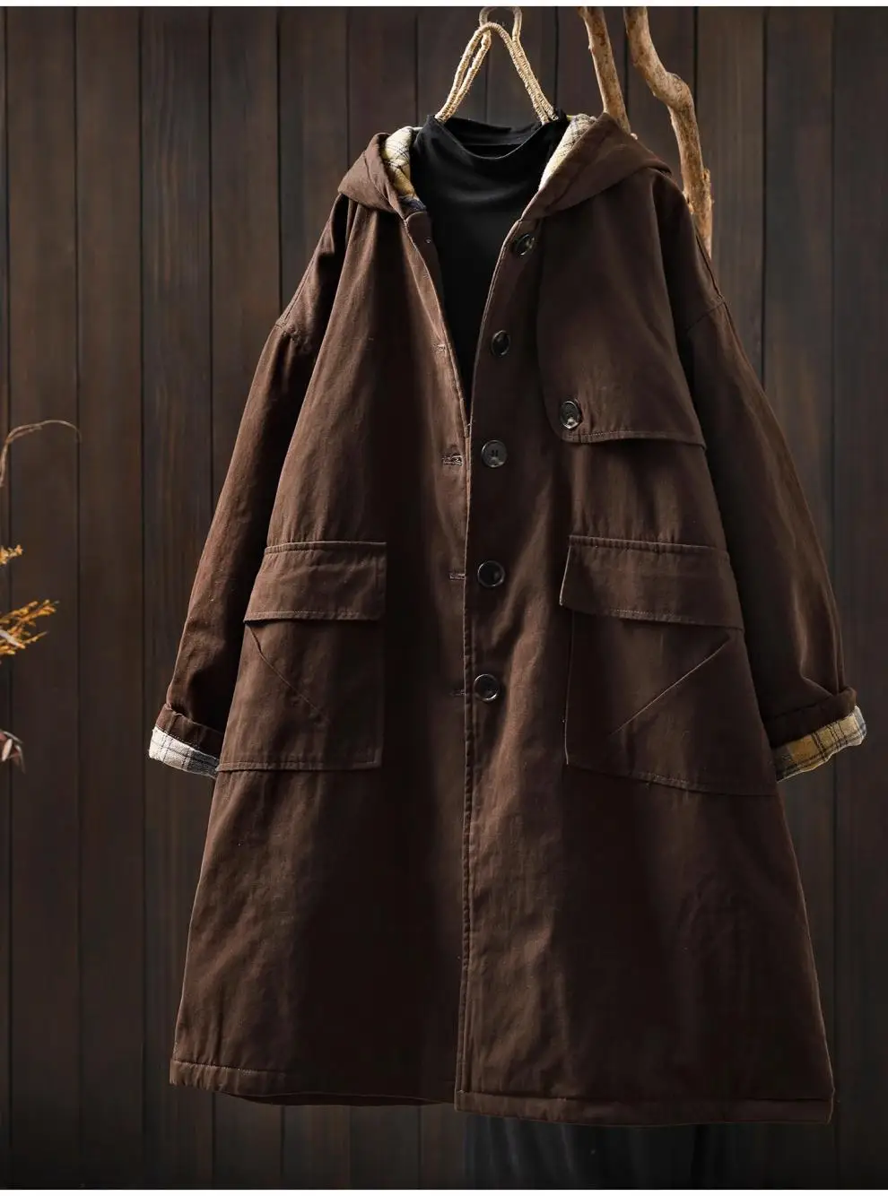 Johnature Women Vintage Hooded Button Parkas Plus Cotton Winter Coats Solid Color Patchwork Pockets 2025 New Warm Long Parkas