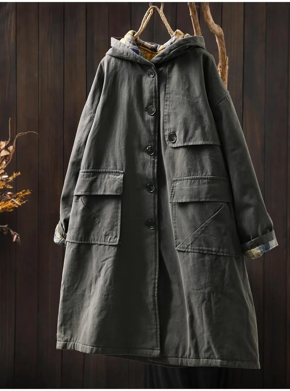 Johnature Women Vintage Hooded Button Parkas Plus Cotton Winter Coats Solid Color Patchwork Pockets 2025 New Warm Long Parkas