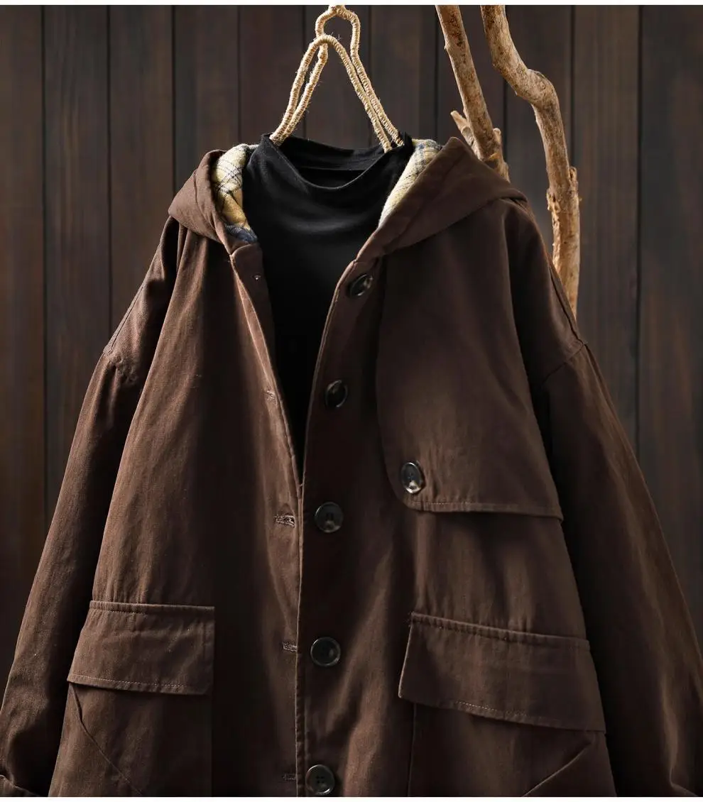 Johnature Women Vintage Hooded Button Parkas Plus Cotton Winter Coats Solid Color Patchwork Pockets 2025 New Warm Long Parkas