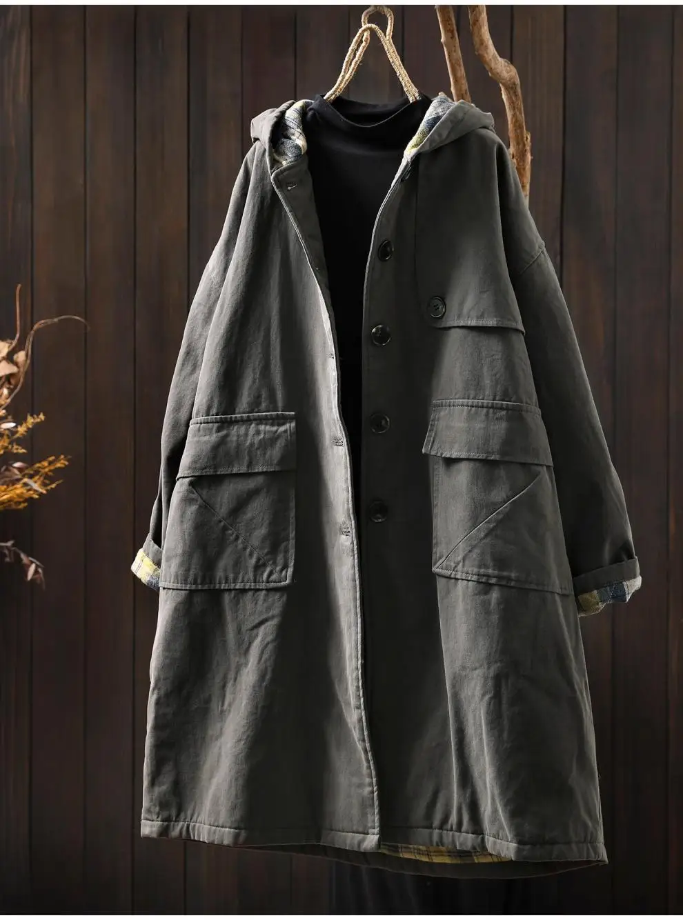 Johnature Women Vintage Hooded Button Parkas Plus Cotton Winter Coats Solid Color Patchwork Pockets 2025 New Warm Long Parkas