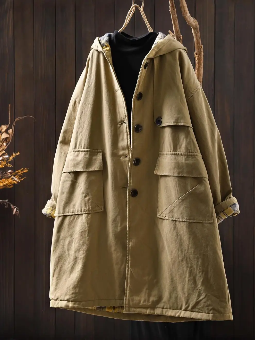 Johnature Women Vintage Hooded Button Parkas Plus Cotton Winter Coats Solid Color Patchwork Pockets 2025 New Warm Long Parkas