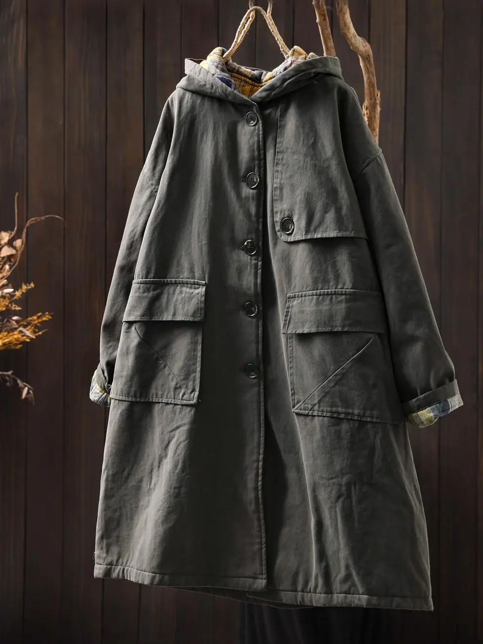 Johnature Women Vintage Hooded Button Parkas Plus Cotton Winter Coats Solid Color Patchwork Pockets 2025 New Warm Long Parkas
