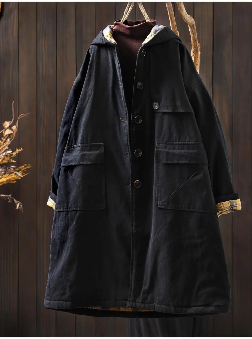 Johnature Women Vintage Hooded Button Parkas Plus Cotton Winter Coats Solid Color Patchwork Pockets 2025 New Warm Long Parkas