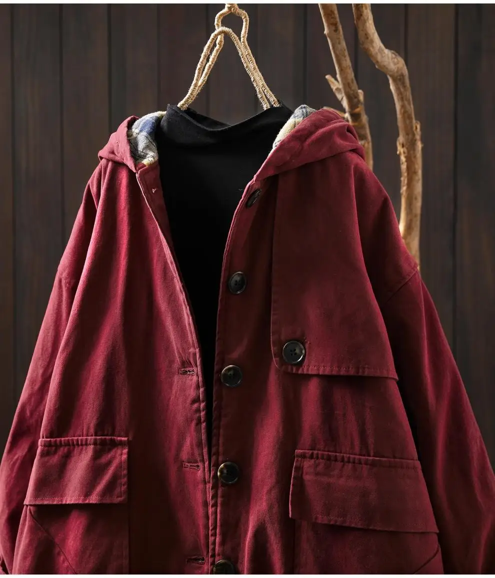 Johnature Women Vintage Hooded Button Parkas Plus Cotton Winter Coats Solid Color Patchwork Pockets 2025 New Warm Long Parkas