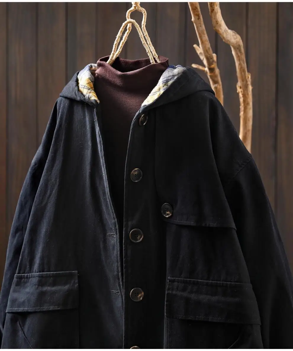 Johnature Women Vintage Hooded Button Parkas Plus Cotton Winter Coats Solid Color Patchwork Pockets 2025 New Warm Long Parkas
