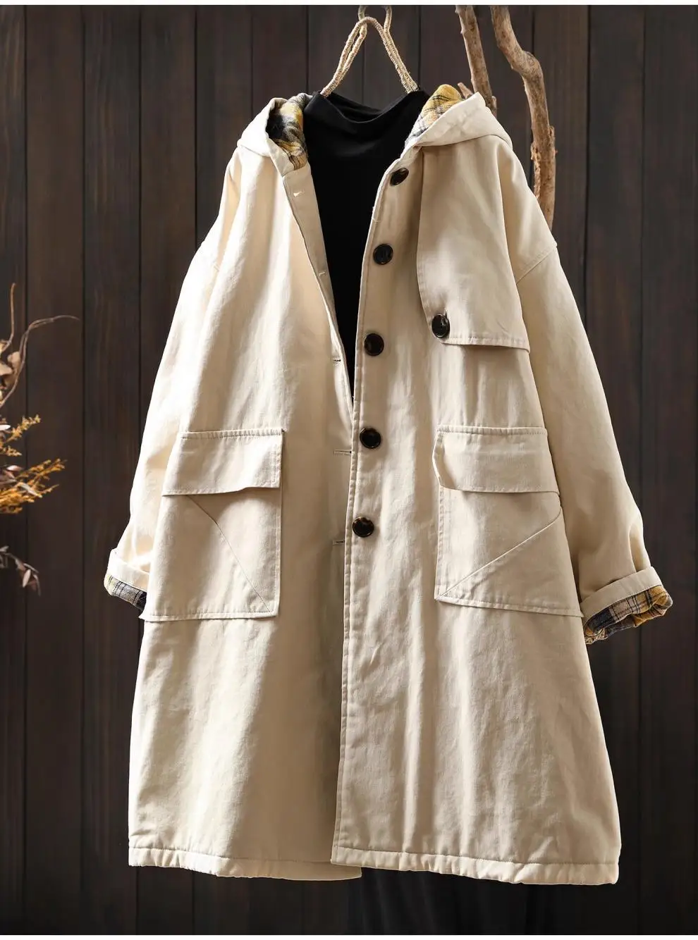 Johnature Women Vintage Hooded Button Parkas Plus Cotton Winter Coats Solid Color Patchwork Pockets 2025 New Warm Long Parkas