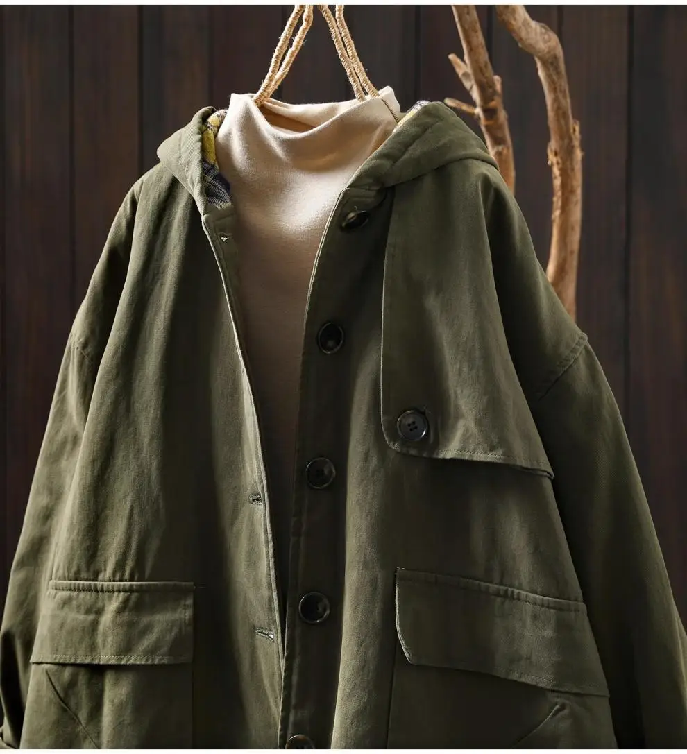 Johnature Women Vintage Hooded Button Parkas Plus Cotton Winter Coats Solid Color Patchwork Pockets 2025 New Warm Long Parkas