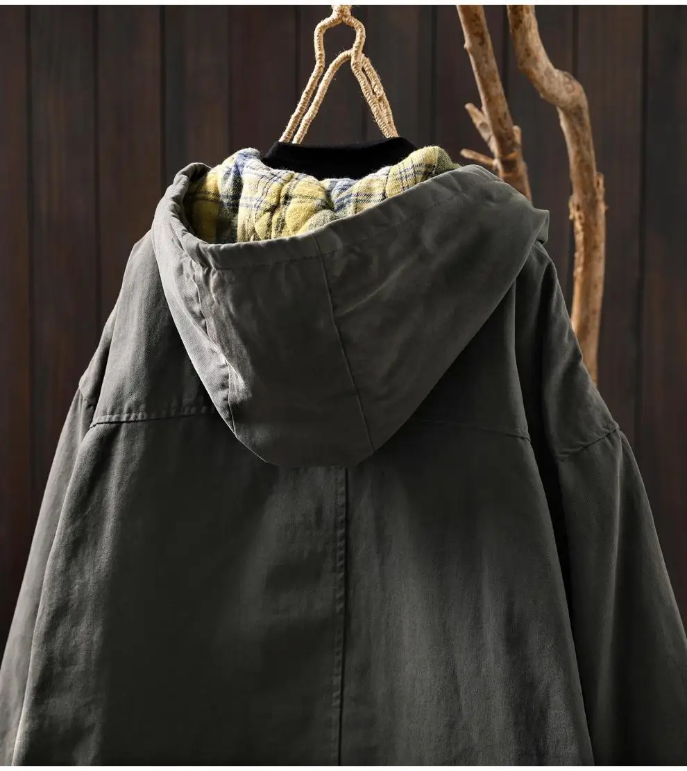 Johnature Women Vintage Hooded Button Parkas Plus Cotton Winter Coats Solid Color Patchwork Pockets 2025 New Warm Long Parkas