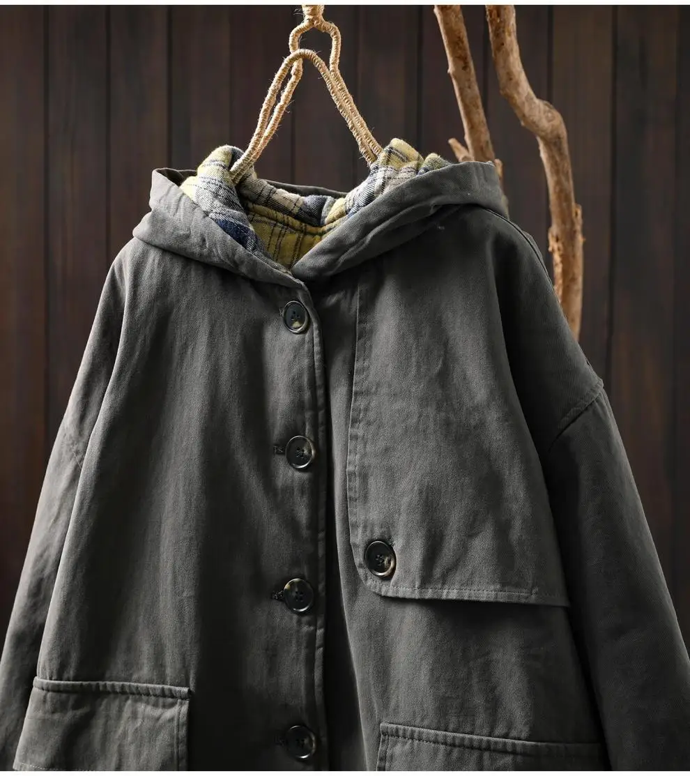 Johnature Women Vintage Hooded Button Parkas Plus Cotton Winter Coats Solid Color Patchwork Pockets 2025 New Warm Long Parkas