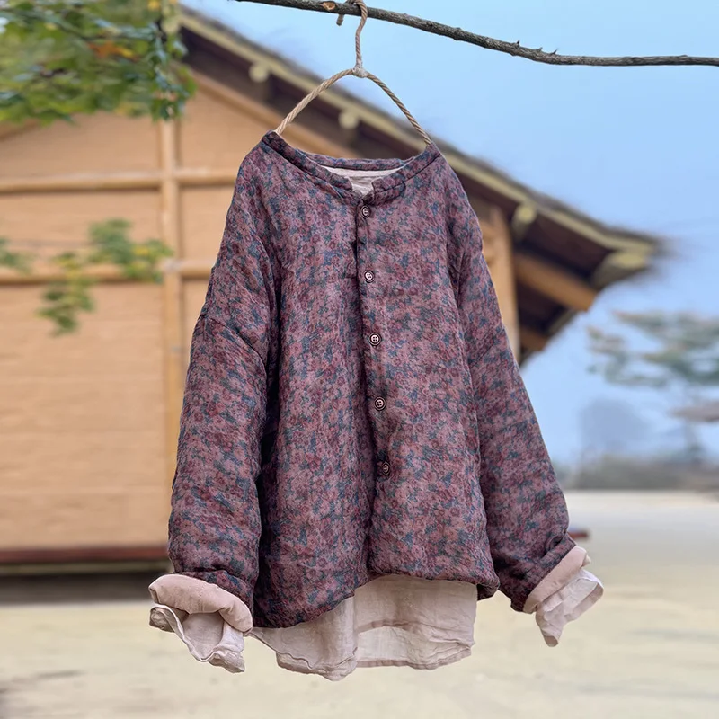Johnature Women Chinese Style Ramie Parkas O-Neck Long Sleeve Button Coats 2025 Winter New Vintage Women Parkas