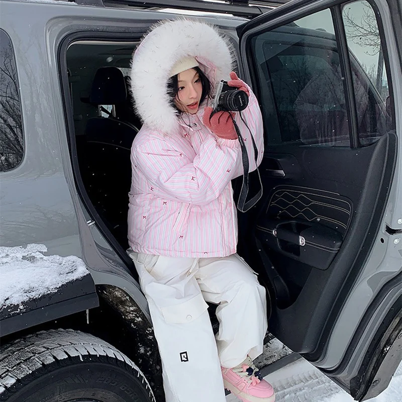 New Stripe Fur Collar Hooded Down Cotton Coat Women Winter Sweet Kawaii Short Parkas for Woman Fashion Warm Cotton-Padded Jcaket