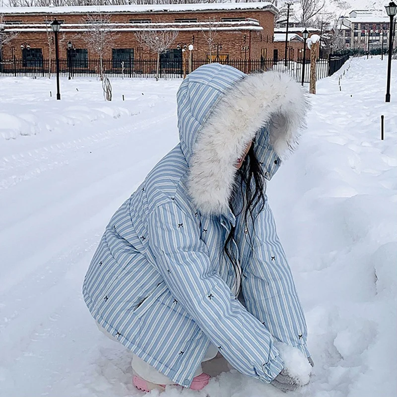 New Stripe Fur Collar Hooded Down Cotton Coat Women Winter Sweet Kawaii Short Parkas for Woman Fashion Warm Cotton-Padded Jcaket