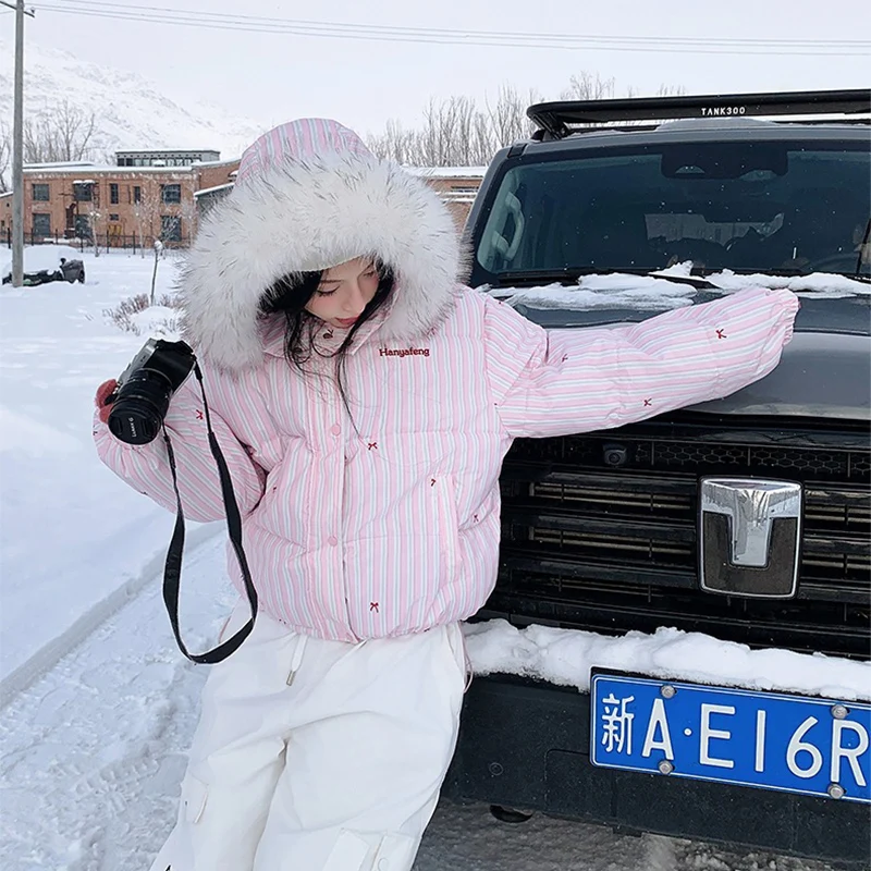 New Stripe Fur Collar Hooded Down Cotton Coat Women Winter Sweet Kawaii Short Parkas for Woman Fashion Warm Cotton-Padded Jcaket