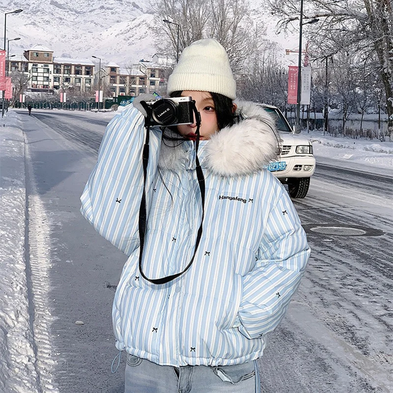 New Stripe Fur Collar Hooded Down Cotton Coat Women Winter Sweet Kawaii Short Parkas for Woman Fashion Warm Cotton-Padded Jcaket