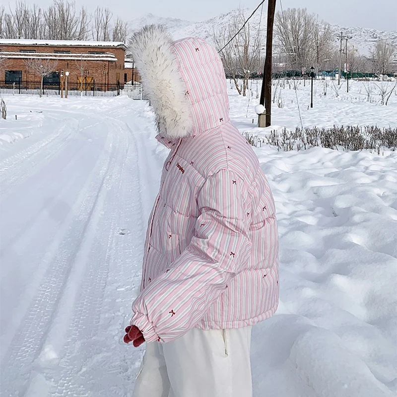 New Stripe Fur Collar Hooded Down Cotton Coat Women Winter Sweet Kawaii Short Parkas for Woman Fashion Warm Cotton-Padded Jcaket