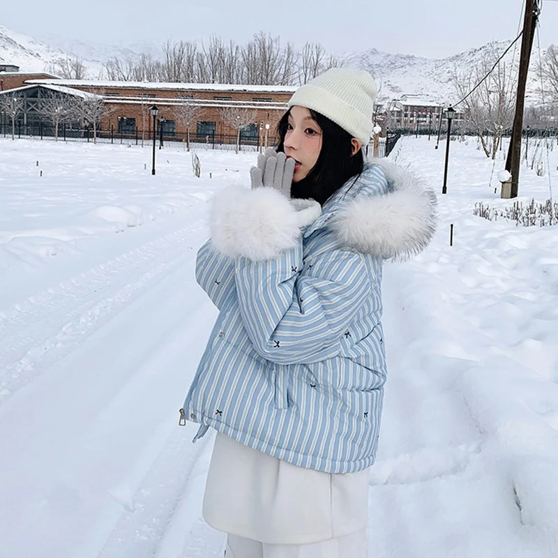 New Stripe Fur Collar Hooded Down Cotton Coat Women Winter Sweet Kawaii Short Parkas for Woman Fashion Warm Cotton-Padded Jcaket