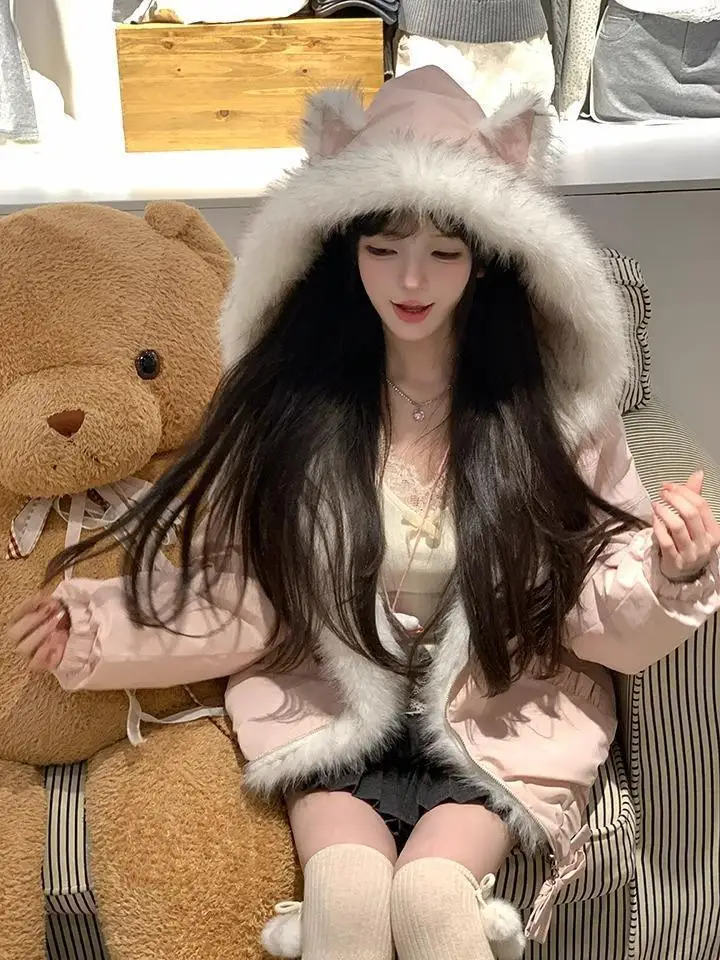 Kawaii Y2K Jacket Winter Fur Collar Sweet Hooded Women Thick Jacket Casual Tops Zipper Loose Fashion Hooded Coat New Clothes