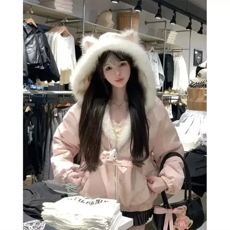 Kawaii Y2K Jacket Winter Fur Collar Sweet Hooded Women Thick Jacket Casual Tops Zipper Loose Fashion Hooded Coat New Clothes