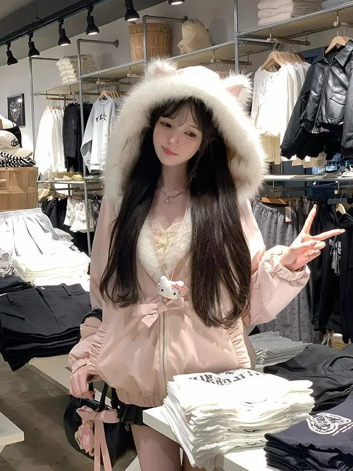 Kawaii Y2K Jacket Winter Fur Collar Sweet Hooded Women Thick Jacket Casual Tops Zipper Loose Fashion Hooded Coat New Clothes