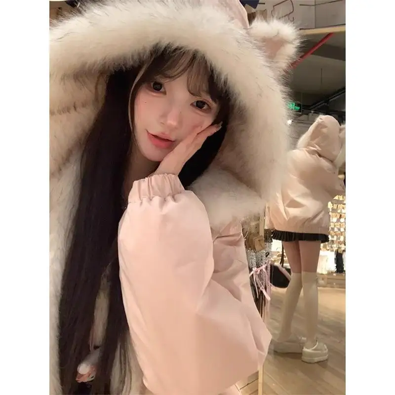 Kawaii Y2K Jacket Winter Fur Collar Sweet Hooded Women Thick Jacket Casual Tops Zipper Loose Fashion Hooded Coat New Clothes