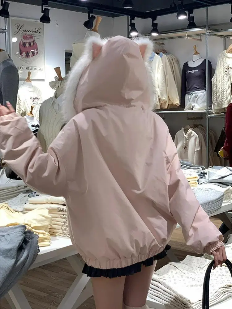 Kawaii Y2K Jacket Winter Fur Collar Sweet Hooded Women Thick Jacket Casual Tops Zipper Loose Fashion Hooded Coat New Clothes