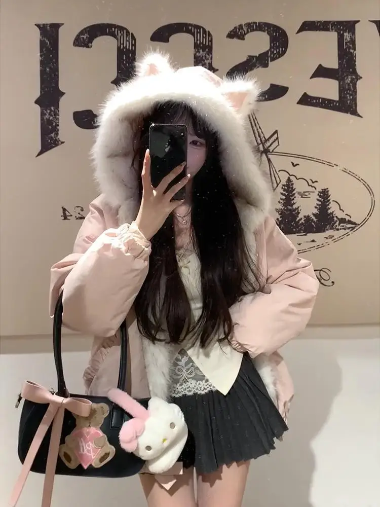 Kawaii Y2K Jacket Winter Fur Collar Sweet Hooded Women Thick Jacket Casual Tops Zipper Loose Fashion Hooded Coat New Clothes