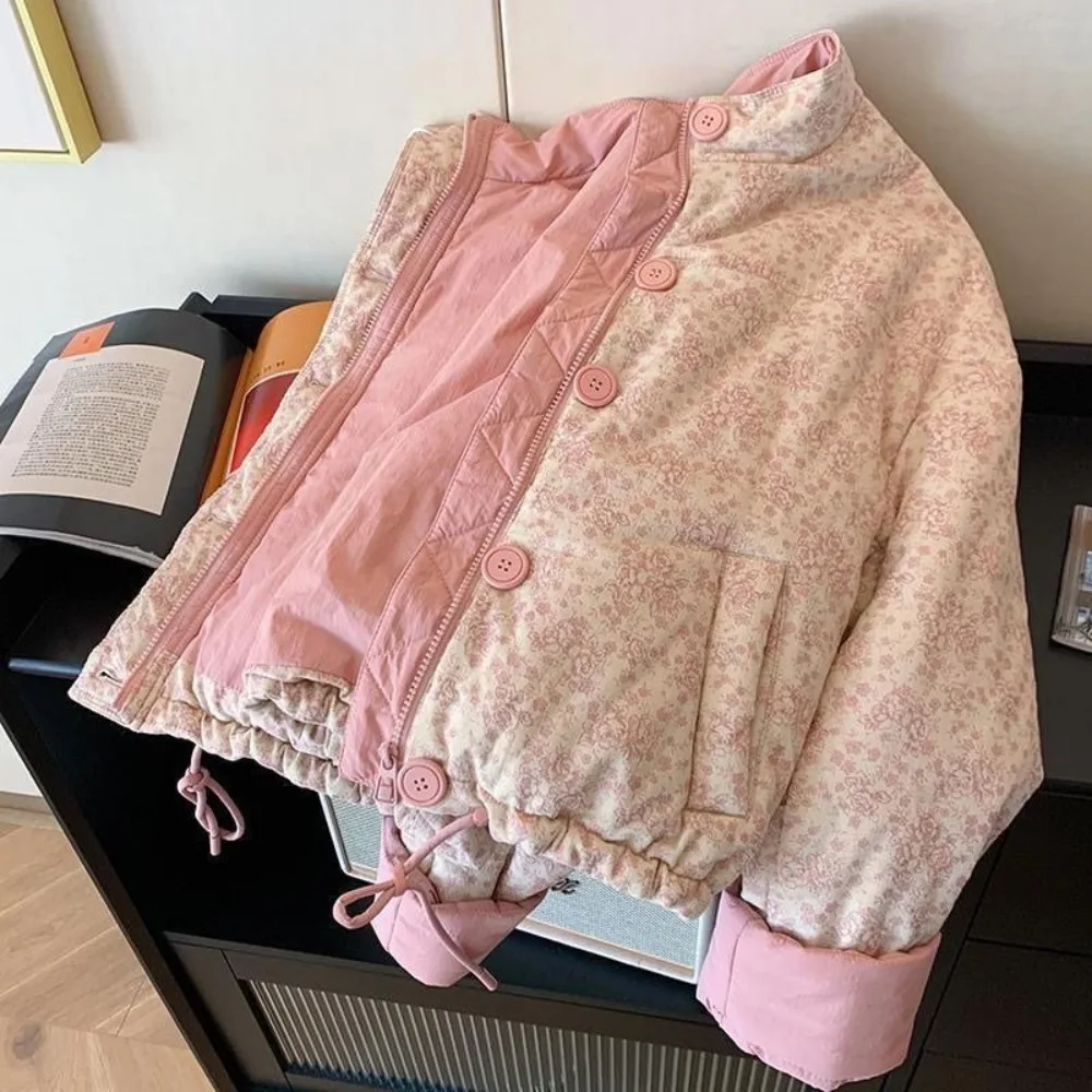 Neploe Literary Korea Gentle Print Veste Femme Stand Collar Short New Age Reduction Jacket Casual Warm Thicked Panelled Mujer