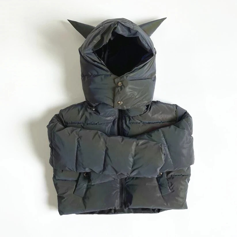Winter Women Rainbow Reflective Horn Hooded Parkas Down Bubble Coat Puffer Jacket Bling Luminous Cute Hooded Down Jacket Outcoat