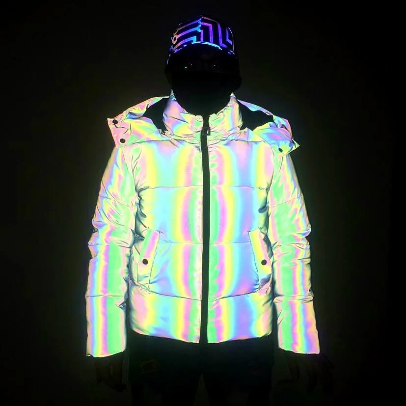 Winter Women Rainbow Reflective Horn Hooded Parkas Down Bubble Coat Puffer Jacket Bling Luminous Cute Hooded Down Jacket Outcoat
